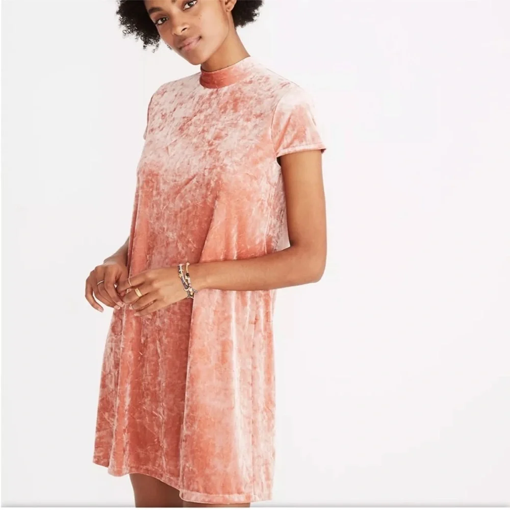 Madewell Crushed Velvet Mockneck Mini Shift Dress in Coral Size XS